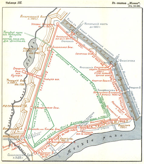 План развития московского Кремля%Development plan of Moscow Kremlin
План постепенного развития московского Кремля. Опубликован в кн.: Военная энциклопедия. Под ред. В. Ф. Новицкого и др. — СПб.: т-во И. В. Сытина, 1911—1915. Том XVI. Таблица III к статье "Москва", стр. 444-455.
