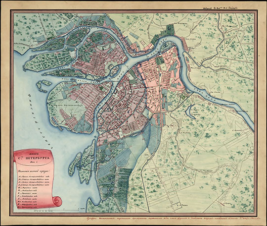 План Санкт-Петербурга 1:25К %Plan of St. Petersburg
План Санкт-Петербурга, 1822 год, с пометками 1824 года. Масштаб - 300 сажен в дюйме. 42 x 36 см. Внизу под рамкой надпись: "Цифры, выставленные кармином, означают возвышение воды число футов и дюймов во время наводнения, бывшего 7-го ноября 1824 года."
Ключевые слова: Санкт-Петербург