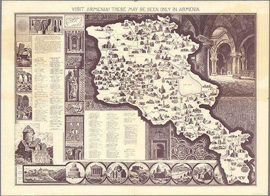 Иллюстрированная карта Армении %Illustrated Map  of Soviet Armenia 
Иллюстрированная карта Армении. Это можно увидеть только в Армении. Из кн.: Иллюстрированный путеводитель по историческим архитектурным памятникам Советской Армении. Издание на английском языке. 60 х 82 см., Ереван, 1968г. These May Be Seen Only In Armenia. The map is compiled and drawn by Avakian, 1968, Yerevan. (cover title) Illustrated Guide-Map of Historical Architectural Monuments of Soviet Armenia. Armenian SSR. Special Research Department of Restoration of Armenian Cultural and Historical Monuments. Editor: L. Barseghyan. Author of text: A. Kalantaryan. 
Ключевые слова: Армения,карты с иллюстрациями