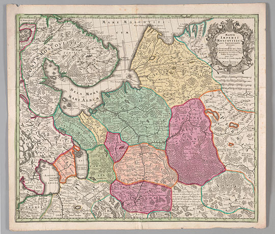 Карта Московской Империи - север  1:2.5M% Map of European Russia - north
Карта Московской Империи. Опубликована Георгом Суэтлером по материалам Атласа России Лилля. Северная часть. Масштаб  - около 1:2,500,000.  Mappæ Imperii Moscovitici pars Septentrionalis. 1742. Two-sheet map of European Russia and Western Siberia, published by Georg Matthaus Suetter after the "Atlas Russicus" by de L'Isle. Northern map shows territory from the top of the Kola Peninsula to Permia and Orlov in the east, the nealy founded "Petersburg" in the south-west and Vologda and "Czochloma" in the south. 
Ключевые слова: Европейская Россия