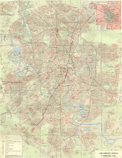 Схема маршрутов автобусов%Bus routes
Москва. Схема маршрутов автобусов и маршрутных такси. Указаны станции метро, направления движений автобусов, троллейбусов, трамваев и маршрутных такси. Обозначены гостиницы и наиболее крупные стоянки такси. На обороте - Схема маршрутов троллейбусов и трамваев. Во врезке - Пригородные автобусные маршруты автопредприятий Московской области. 685х540мм. ГУГК СССР, 1979г., 1980г.
