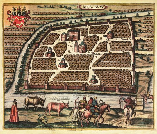 План Герберштейна v.4%Gerberstein Plan v.4
Moscauw : Moscovia, urbs regionis eiusdem nominis metropolitica, duplo major, qua Praga Boiemiae... / Ill. Fr. Hogenberg and Noevel. - S.l., [1575]. 493x352мм. Гравированный план Москвы из книги: Georg Bruin. Civilates orbis terrarum. Vol. 2, pl. 47. ([1597]). Является копией первого плана Герберштейна 1556 года. Составлен на латыни в произвольном масштабе. Перевод заглавия: "Москва, столичный город страны того же имени, вдвое больший, чем Прага в Богемии...". На обороте листа помещен объяснительный текст.
Ключевые слова: план Герберштейна