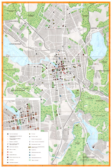 План Свердловска%Map of Sverdlovsk
Туристический схематический план города Свердловска. На врезке - схема центральной части города. Условная координатная сетка. Обозначены основные туристические достопримечательности города.
Ключевые слова: Екатеринбург,Свердловск