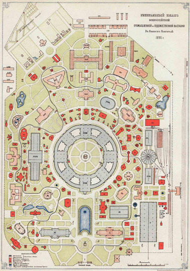 План Нижегородской выставки 1:1K%Map of the Nizhny Novgorod exhibition
Генеральный план Всероссийской Промышленной и Художественной Выставки в Нижнем Новгороде, 1896г. Масштаб 20 сажен в дюйме.
Ключевые слова: Нижний Новгород,Нижегородская ярмарка