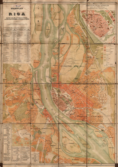 План города Риги  1:12K% Plan of Riga
План города Риги. Масштаб 1:12,600.  Stadtplan von Riga. Angefertight im Jahre 1885 auf Verflugen des Stastamts von Stadtrevisor R. Stegman und Stadtingenieur A. Agthe. Условная координатная сетке. На врезках - основные объекты города и план старого города в масштабе 1:6,300. Hofer u. Burger granh. Ansalt, Zurich.
Ключевые слова: Рига