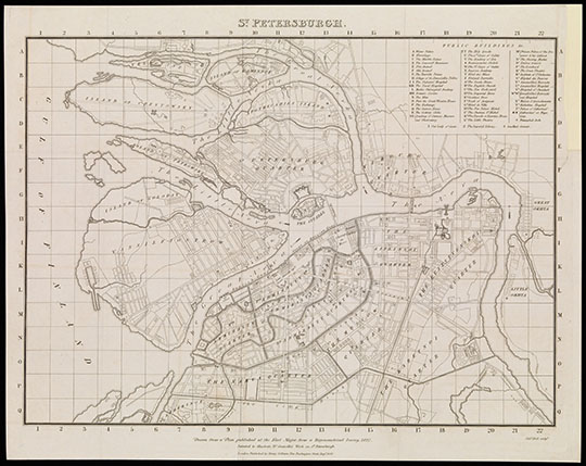 План С. Петербурга работы Сидни Холла %St.Petersburg by Sidney Hall
План Санкт-Петербурга работы Сидни Холла. Составлен в 1827 году на основе данных Etat Major и опубликован Henry Colburn в 1828 году в Лондоне. 32.5 x 38 см. St. Petersburg, drawn from a plan published at the Etat - Major, from a Trigonometrical survey, 1827. Published by Henry Colburn, New Burglington Street 
Ключевые слова: Санкт-Петербург,английские карты