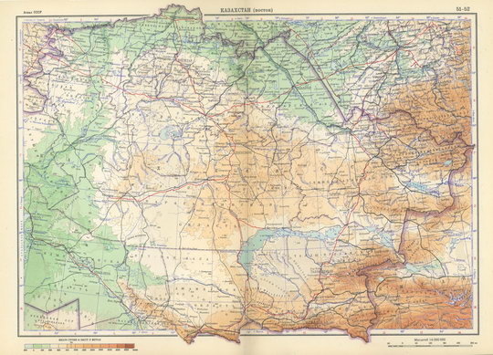 Казахстан (восток)  1:6M% Kazakhstan (east)
Казахстан (восток). Масштаб 1:6,000,000. 257 x 354 мм. Из кн. Атлас СССР. Главное управление геодезии и картографии МВД СССР. Москва, 1954г.
Ключевые слова: Казахстан,атласы,атлас 1954