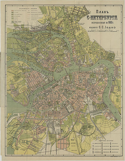 План С.Петербурга О.С. Иодко 1:25К % St. Petersburg by Iodko
План С. Петербурга, исправленный по 1903 г. Издание О.С. Иодко. Масштаб - 300 сажен в английском дюйме. 41х53 см. Типо-литография Левенштейна. 
Ключевые слова: Санкт-Петербург,карты Иодко