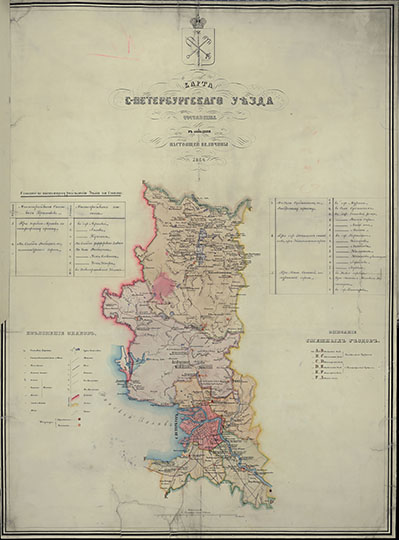 Карта C.-Петербургского уезда 1:186К %Sankt-Ptersburg region
Карта C.-Петербургского уезда Санкт-Петербургской губернии. Составлена в 1:186000 долю настоящей величины. 1854г. 68 x 100 см. 
Ключевые слова: Санкт-Петербург