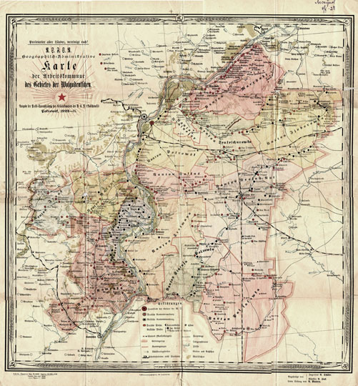 Карта коммун немцев Поволжья  1:420K% Map of German commune in Volga region
РСФСР. Карта трудовых коммун немцев Поволжья -  Geographisch-Administrative Karte der Arbeitskommune des Gebiets der Wolgadeutschen. 1922г. Подписи на немецком языке. Масштаб 1:420000. Карта переиздана в качестве приложения к книге: Heimatbuch der Deutschen aus Russland, 1982-1984.
Ключевые слова: Саратов,немцы Поволжья
