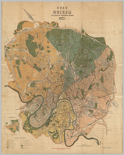 План Москвы по новейшим данным 1:21K %Map of Moscow according to the latest data
План Москвы: составлен по новейшим данным 1927 г. Приложение к книге: "Вся Москва. Адресная и справочная книга на 1927 год с приложением нового плана г. Москвы".  / Гос. картогр. Ин-т НТУ - ВСНХ СССР. - 1:21000. - М.: Моск. коммун. хоз-во, 1927. План дан в границах на 28.V.1917 г. Показаны границы 6 районов города, границы отделений милиции, их номера. В указателе помещен список проездов г. Москвы; перечислены вокзалы, рынки, кладбища, товарн. станции и станции окружн. железной дороги.
