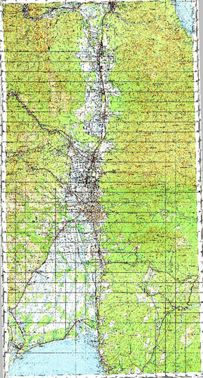 Южно-Сахалинск и окрестности 1:100K % Map of Yuzhno-Sakahlinsk and vicinity
Карта окрестностей Южно-Сахалинска. Издание 1984 года.  Масштаб 1:100,000.
Ключевые слова: Южно-Сахалинск,Сахалин,топографические карты