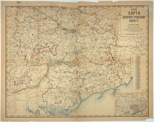 Карта Днепропетровской области 1:500К % Map of Dnepropetrovsk oblast
Карта Днепропетровской области. Масштаб 1:500000. 98 x 77 см. Административные границы даны на 1935 год. Обозначения на украинском языке.   
Ключевые слова: Днепропетровск