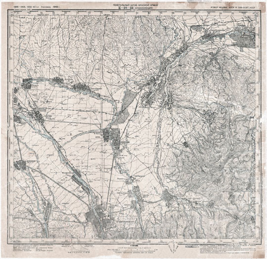 Окрестности Орджоникидзе 1:100К % Ordzhonikidze and vicinity
Карта РККА окрестностей Орджоникидзе (Владикавказа). Масштаб 1:100,000. Лист К-38-30. Издание 1942 года
