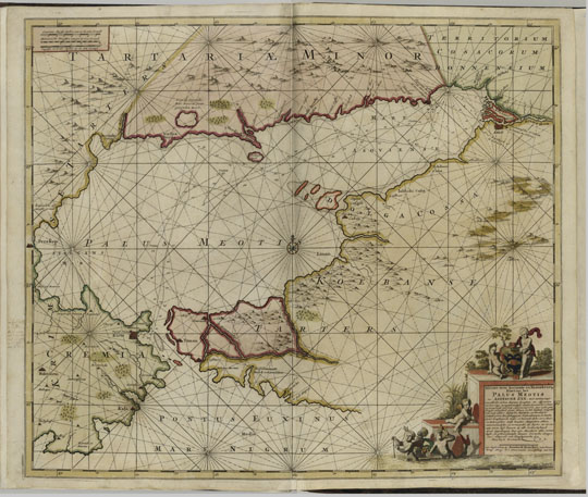 Карта Азовского моря % Map of Azov sea
Карта Азовского моря. Из кн.: Крейс К. Новая чертежная книга, содержащая великую реку Дон, или Танаис, по ее истинному положению, расширению и течению, и города Воронежа даже до того, где оная в море впадает, со своими текущими реками, островами, городами, деревнями, монастырями и проч... В Амстердаме от Гендрика Дункера, [1703]. 16 с., карт. Cruys С. Nieuw Pas-Kaart Boek, behelsende de groote Rivier Don of Tanais, na deselfs waaragtige gelegen heudt-strekking, en cours, vande Stadt Woronetz, toot daar hy in Zee valdt met zyn invloeiende stroomen, eilandten, steden, dorpen, kloosters etc... Tot Amsterdam by Hendrick Doncher... [1703]. 2, 16 p., kart.
Ключевые слова: Ростов-на-Дону,Азовское море