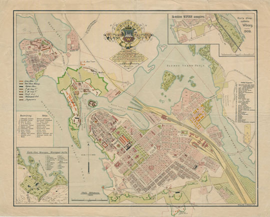 План Выборга  1:6K% Plan of Vyborg
План Выборга. 1909г. Масштаб 1:6,000. На врезках - планы окрестностей Выборга. Wiborgs Stad. Wiipurin Kaupunki.
Ключевые слова: Выборг