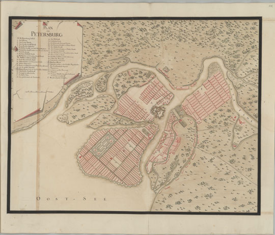 План Петербурга Максмилиана фон Фюрстенхофа % Plan of Petersburg by Maximilian von Fürstenhoff
План Петербурга из книги Иоганна Георга Максмилиана фон Фюрстенхофа. Коллекция планов крепостей. Часть II. Планы Италии, Венгрии, Польши и северных королевств. Бумага, тушь, золото, графит, перо, графитный карандаш, кисть. Около 1732 года. Plan von Petersburg. Johann Georg Maximilian von Fürstenhoff. Sammlung von Festungsplänen. II. Planes von Italien, Ungarn, Pohlen und denen Nordischen Königreichen. Papier, Tinte, Gold, Graphit, Feder, Graphitstift, Pinsel.
Ключевые слова: Санкт-Петербург