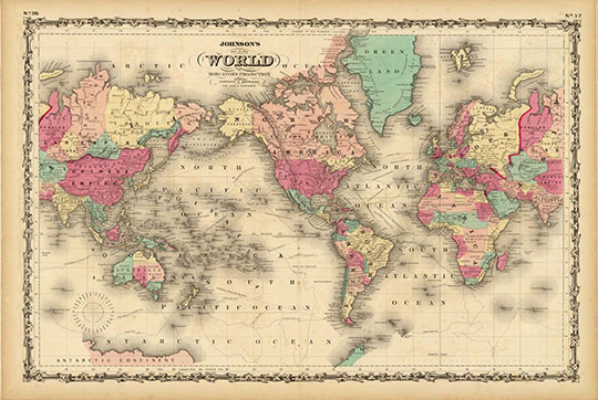 Карта мира издания Джонсона  1:75M% Johnsons World on Mercators Projection
Карта мира издания Джонсона. Масштаб 1:75,000,000 .42 х 64 см. Johnson's Map Of The World on Mercator's Projection. Published by Johnson and Browning. New York and Washington. No. 56-57. Johnson's New Illustrated (Steel Plate) Family Atlas, With Descriptions, Geographical, Statistical, And Historical. Compiled, Drawn, and Engraved Under The Supervision Of J.H. Colton And A.J. Johnson. New York: Johnson And Browning, Formerly (Successors To J.H. Colton And Company,) No. 133 Nassau Street. 1860. Entered ... One Thousand Eight Hundred and Sixty, by Johnson & Browning ... Virginia.
Ключевые слова: американские карты