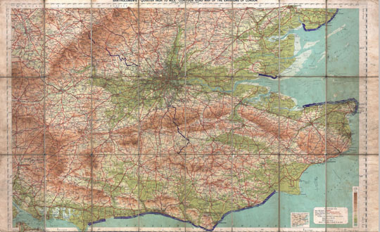 Карта окрестностей Лондона 1:23K%Road map of the environs of London
Карта окрестностей Лондона. Bartolomews quarter inch to mile contour road map of the environs of London. Масштаб 1:23440.
Ключевые слова: Лондон,английские карты