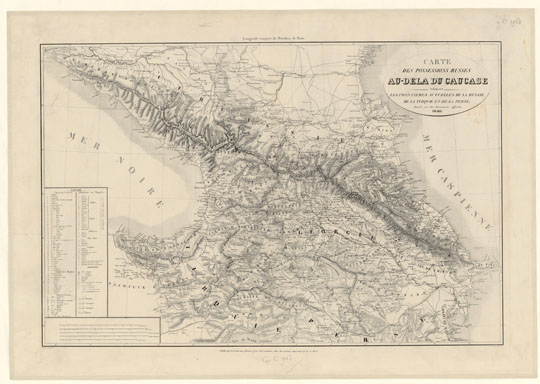Карта российских владений на Кавказе % Map pf Caucases
Карта российских владений на Кавказе с указанием официальных границ России, Турции и Персии. Издательство A. Leneveu (Париж). 66 x 46 см.  Carte des possessions russes au delà du Caucase, indiquant les frontières actuelles de la Russie, de la Turquie et de la Perse, dressée sur des documents officiels. 
Ключевые слова: Владикавказ,Кавказ,Ставрополь,Грозный,Краснодар,Екатеринодар,французские карты,Армения,Грузия,Азербайджан