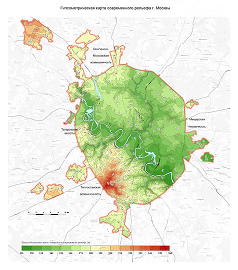 Гипсометрическая карта Москвы %Hypsometric map of modern Moscow
Гипсометрическая карта современной Москвы. Масштаб - 2 км в 1 см. Геологический Атлас Москвы, разработанный и созданный ГУП «Мосгоргеотрест» и НПП «Георесурс» по заданию Правительства Москвы.

