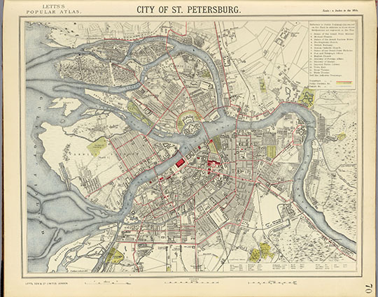 План Санкт-Петербурга в Атласе Леттса  1:31K% City of St. Petersburg
План Санкт-Петербурга в английском Атласе Леттса. Масштаб 1:31,680. 34 х 41 см. City of St. Petersburg. Letts's popular atlas. Letts, Son & Co. Limited, London. (1883)
Ключевые слова: Санкт-Петербург,атласы,английские карты