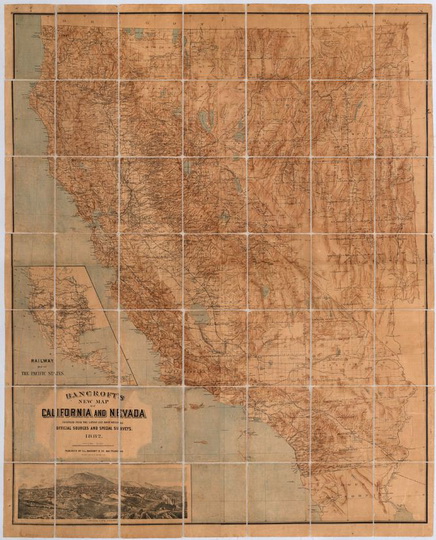 Карта Калифорнии и Невады % Map of California and Nevada
Карта Калифорнии и Невады. Масштаб 1:760,320. 152 х 122 см. Bancroft's new map of California and Nevada : compiled from the latest and most reliable official sources and special surveys. 
Ключевые слова: США,Калифорния,Невада