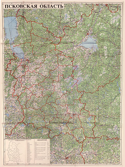 Псковская область 1:500К %Pskovskaya oblast
Псковская область. 1994 г. Cocтoяниe мecтнocти нa 1992 гoд. 93x104 см. Macштaб 1:500,000, в 1 cм. 5 км. 
Ключевые слова: Псков,топографические карты