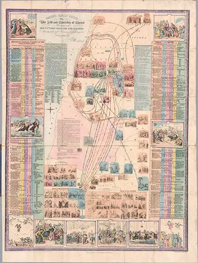 Карта Палестины к описанию жизни Христа %Bacon family guide to the life and ministry of Christ 
Семейный путеводитель Бейкона о жизни Христа с иллюстрациями. 99 х 74 см. 1873г. Bacon family guide to the life and ministry of Christ : illustrated with 100 pictures from the old masters according to Greswells Harmony of the four Evangelists. Delineated by R. Mimpriss. London, G.W. Bacon and Co. John Beardshaw, Cincinnati, Ohio.
Ключевые слова: Израиль,Палестина,американские карты,карты с иллюстрациями