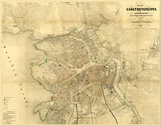 План С.Петербурга и его окрестностей 1:29К % Plan of S. Petersburg
План СанктПетербурга и его окрестностей составленный и гравированный на меди А. Чайским. Издание Кораблева и Сирякова. 1858г.  65.5 x 50 см. Масштаб - 350 саженей в дюйме.
Ключевые слова: Санкт-Петербург