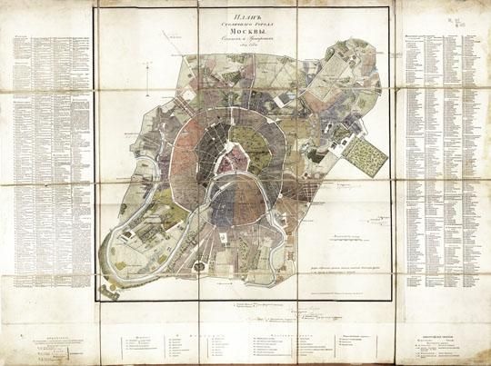 План Столичнаго города Москвы v.1 1:21K %Map of the Capital city of Moscow
План столичного города Москвы, Вариант 1. Сочинен и гравирован 1819 года / Грав. Фролов 3-й; вырезывал слова Фролов 1-й. - [1:21300], 100 саж. в 1 см. - [СПб.]: Воен.-топогр. депо, 1819. - 1 к.: раскраш., указ. (1024 назв.); 77x104 см. План составлен в пределах Камер-Коллежского вала, ориентирован на север. Названия частей города нанесены на плане словами, внутри частей города введено деление на кварталы. Кроме указателя улиц и переулков дан указатель зданий. Приведены сведения об изменениях на плане за время издания.
