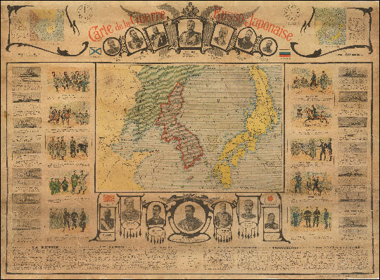 Карта Русско-Японской войны %Carte de la Guerre Russo-Japonaise 
Карта Русско-Японской войны. Около 1904 года. С портретами командующих войсками и иллюстрациями. Текст на французском языке. Carte de la Guerre Russo-Japonaise. Libraire Universelle, Paris. Grave et imprime par Charaire, a Sceaux.
Ключевые слова: Владивосток,Дальний Восток,русско-японская война,французские карты,карты с иллюстрациями