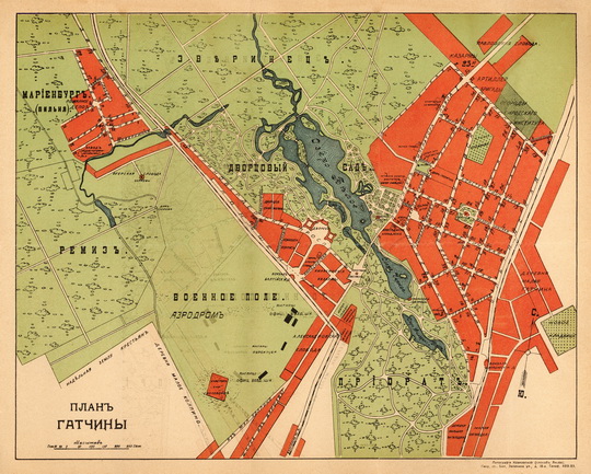 План Гатчины  1:8K% Plan of Gatchina
План Гатчины. Масштаб - в английском дюйме 100 сажен. Из кн.: Весь Санкт-Петербург. Адресная и справочная книга. Издательство Новое время, Санкт-Петербург, 1915г.
Ключевые слова: Гатчина,Весь Петербург