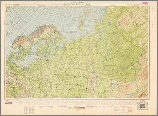 Навигационная карта северной части  СССР. 1:5М %Army Air Forces Aeronautical Planning Chart
Американская карта воздушной навигации. Территория северной части России. 83 х 122 см. Масштаб 1:5,000,000. Russia. 1945. U.S. Army Air Forces Aeronautical Planning Charts of the World 1943-1946
Ключевые слова: Европейская Россия,американские карты