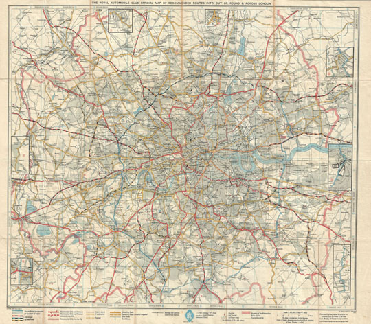 Автомобильная карта окрестностей Лондона 1:63K%Map of recommended routes in Lonodon
Автомобильная карта окрестностей Лондона. The Royal Automobile Club Official Map of recommended routes into, out, of, round & across London. The London Geographical Institute, 1947. Масштаб 1:63360.
Ключевые слова: Лондон