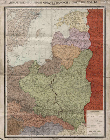Демаркационная линия между советской и германской армиями  1:1.5M% Demarkation line between Soviet and German armies
Демаркационная линия между советской и германской армиями (22 сентября 1939г). Масштаб 1:1,500,000.  Главное Управление Геодезии и Картографии при СНК СССР. Демаркационная линия нанесена в соответствии с германо-советским коммюнике, опубликованным 22 сентября 1939 г.
Ключевые слова: карты ГУГК СССР