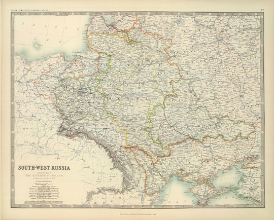 Юго-запад Российской империи 1:3М % South-West Russia
Юго-запад Российской империи. Масштаб 1:3,456,000. 47 х 58 см. South-West Russia. Sowing the Extent of the Kingdom of Poland prior to its partition in 1772. By Keith Johnston, F.R.S.E. Keith Johnston's General Atlas. Engraved, Printed, and Published by W. & A.K. Johnston, Edinburgh & London.
Ключевые слова: Российская империя,Европейская Россия,английские карты