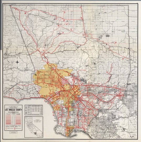 Транспортная сеть Лос-Анджелеса  1:138K%  Los Angeles County Transportation Survey
Транспортная сеть Лос-Анджелеса. Масштаб 1:138,737. 61 х 63 см. Los Angeles County. California Highway Transportation Survey, 1934. 
Ключевые слова: Лос-Анджелес,США