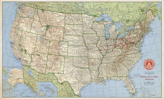 Карта США  1:6.2M% Geographically Correct Map of the USA
Географически точная карта США. Масштаб 1:6,189,785. 50 х 82 см. Geographically Correct Map of the United States Issued by Baltimore & Ohio Railroad. (insets) Alaska. Hawaii. 
Ключевые слова: США