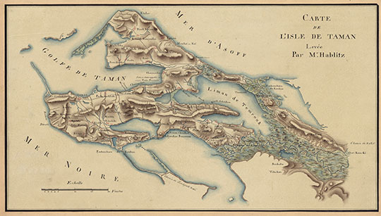 Карта полуострова Тамань 1:210К %Carte de l'Isle de Taman
Карта полуострова Тамань, составленная картографом Hablitz. 58x33 cм. Масштаб - 5 верст в дюйме.  1820-е годы.  Обозначения на французском языке.  Carte de l Isle de Taman Levee par Mr Hablitz. 
Ключевые слова: Крым,Тамань