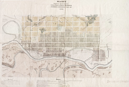 План Кургана 1:4200 % Plan of Kurgan
План окружного города Кургана составленный сообразно существующему его положению с нанесением вновь проекта. 1860-1870-е годы. Масштаб - 50 сажен в дюйме.
Ключевые слова: Курган