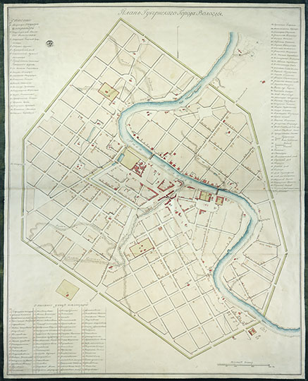 План города Вологды  1:4K% Plan of Vologda
План города Вологды, с обозначением мест размещения императора Александра I и его свиты во время визита в Вологду, состоявшегося 15–18 октября 1824 г. Масштаб 50 саженей в дюйме. 
Ключевые слова: Вологда