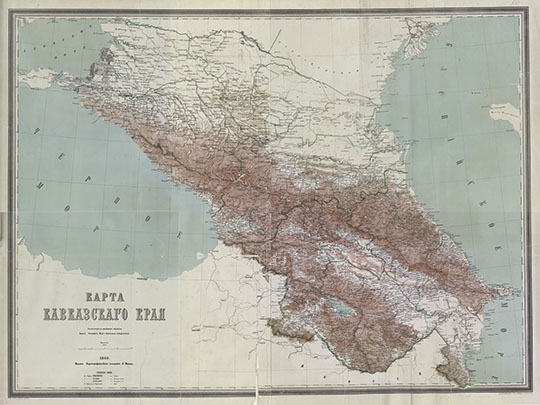 Карта Кавказского Края в Атласе Ильина  1:1.7M% Map of Caucases by Ilyin
Карта Кавказского Края. Масштаб 1:1,680,000. В кн.:  Подробный атлас Российской империи с планами главных городов. Издание картографического заведения А. Ильина. СПб, 1871, 6 с., 70 л. карт.
Ключевые слова: Краснодар,Ставрополь,атласы,издательство Ильина,атлас 1871,Кавказ,Грузия,Армения,Азербайджан