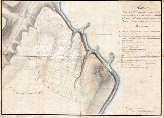 План Одессы  1:8K% Map of Odessa
План города и Крепости Одессы с показанием где полагается выстроить Шефские, Штаб и Обер-офицерам дома. Сочинен в городе Одессе декабря 13 дня 1811 года. Масштаб - 100 саженей в дюйме.
Ключевые слова: Одесса
