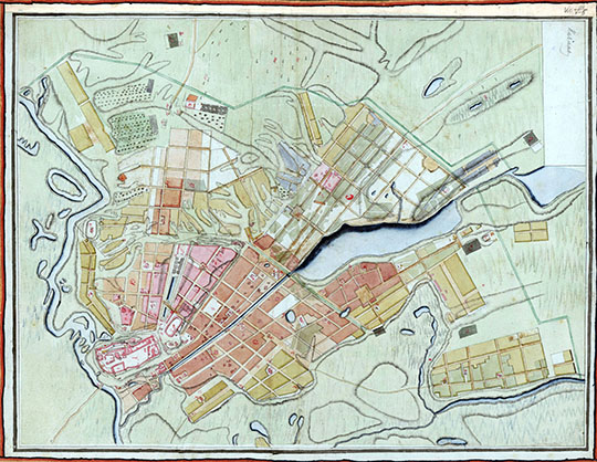 План города Казани  1:840K% Plan of Kazan
План города Казани. Составлен в 1805-1814 годах.  Рукописная и раскрашенная графика.  
Ключевые слова: Казань
