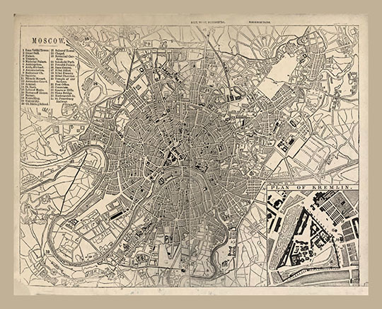 Английский план Москвы % Plan of Moscow by Murray
План Москвы из Путеводителя для путешественников по России, Польше и Финляндии. Handbook for travellers in Russia, Poland, and Finland. London : John Murray ; 1868. 2nd rev. ed. 400 p., 2 folded leaves of plates : ill., maps, plans ; 18 cm. На врезках - план Кремля и указатель основных достопримечательностей. 
Ключевые слова: английские карты