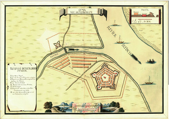 Шведский план Омска%Swedish Plan of Omsk
План Омска из Королевского военного архива (Krigsarkivet), входящего в Шведский Национальный архив (Riksarkivet). Ryssland. Omsk. Oma mit dem Project. (Omsk) 46х66 см. Датируется приблизительно серединой XVIII века. На врезке - обозначения основных объектов.
Ключевые слова: Омск
