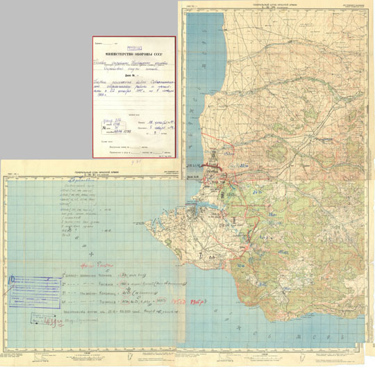 Карта Севастопольского оборонительного района  1:100K% Map of Sevastopol defense region
Карта положения войск Севастопольского оборонительного района и противника с 22 декабря 1941 года по 8 января 1942 года. Министерство Обороны СССР. Сборная карта, скленная из 3 листов топографических карт масштаба 1:100000. Карта составлена в 1941 году.
Ключевые слова: Севастополь