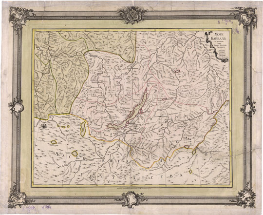 Море Байкал  1:2.1M% Sea of Baikal
Море Байкал с частьми рек Лены, Аргуни, Селенги и Ангары с около лежащими уездами / Соч. I. Трускот; Вырез. А. Медведев. [Рамку грав.] Грид. J. Кувакин. - [Санкт-Петербург]: [Географический департамент АН]: [1772]. - 1 л.: Грав. Раскраш.; 44х56 (62х75). Масштаб - 50 верст в дюйме.
Ключевые слова: Иркутск,Байкал