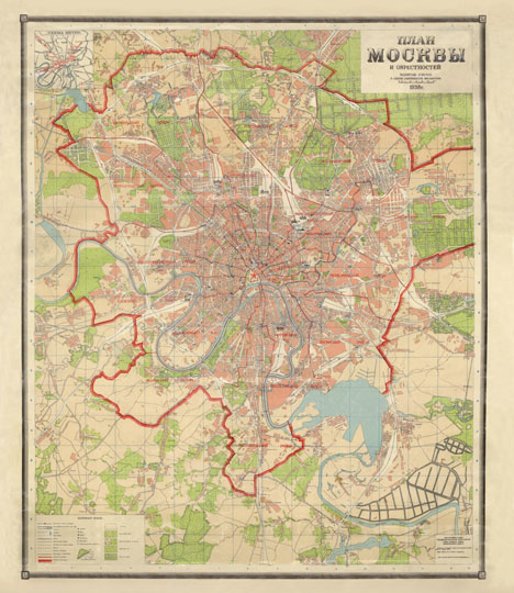 План Москвы и окрестностей v.1 1:30K %Map of Moscow and vicinities
План Москвы и окрестностей. Вариант 1. Сост. геодез. конторой отд. гор. земель Моск. Совета; Отв. ред. Красильников К. П. - 1:30000. - М.: Геодез. контора отд. гор. земель Моск. Совета, 1938 (2-я картогр. ф-ка ГУГСК НКВД СССР). - 1 к.: трехцвет., 1 доп. карта; 101x86 см. Доп. карта: Схема метро.
